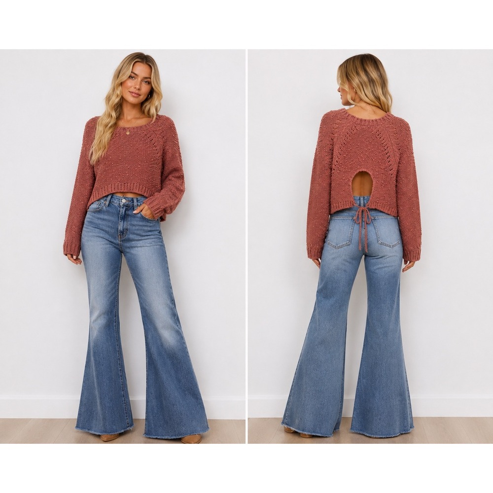 Altar'd State Cropped Sweater Medium Open Back Tie Popcorn Knit Mauve Pink